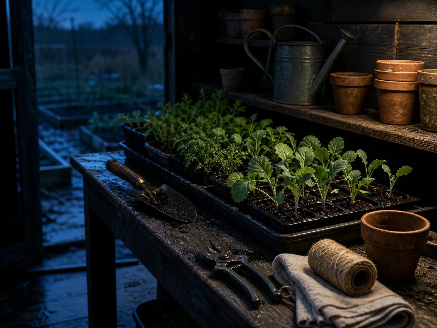 Moonlit gardening workbench with seedlings, herbs, soil notes and hand tools