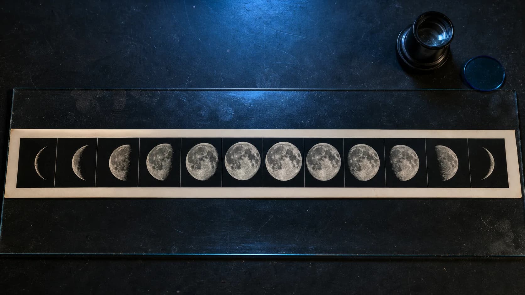 Moon phases crossing a blue-black night sky over the course of a year
